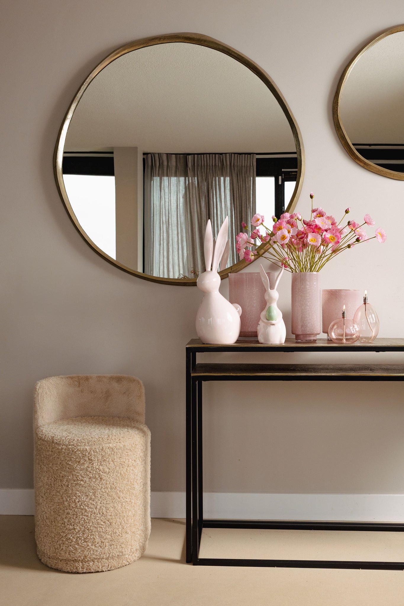 Poef Brandon Beige Stof Rond Pouf Met Rugleuning PTMD