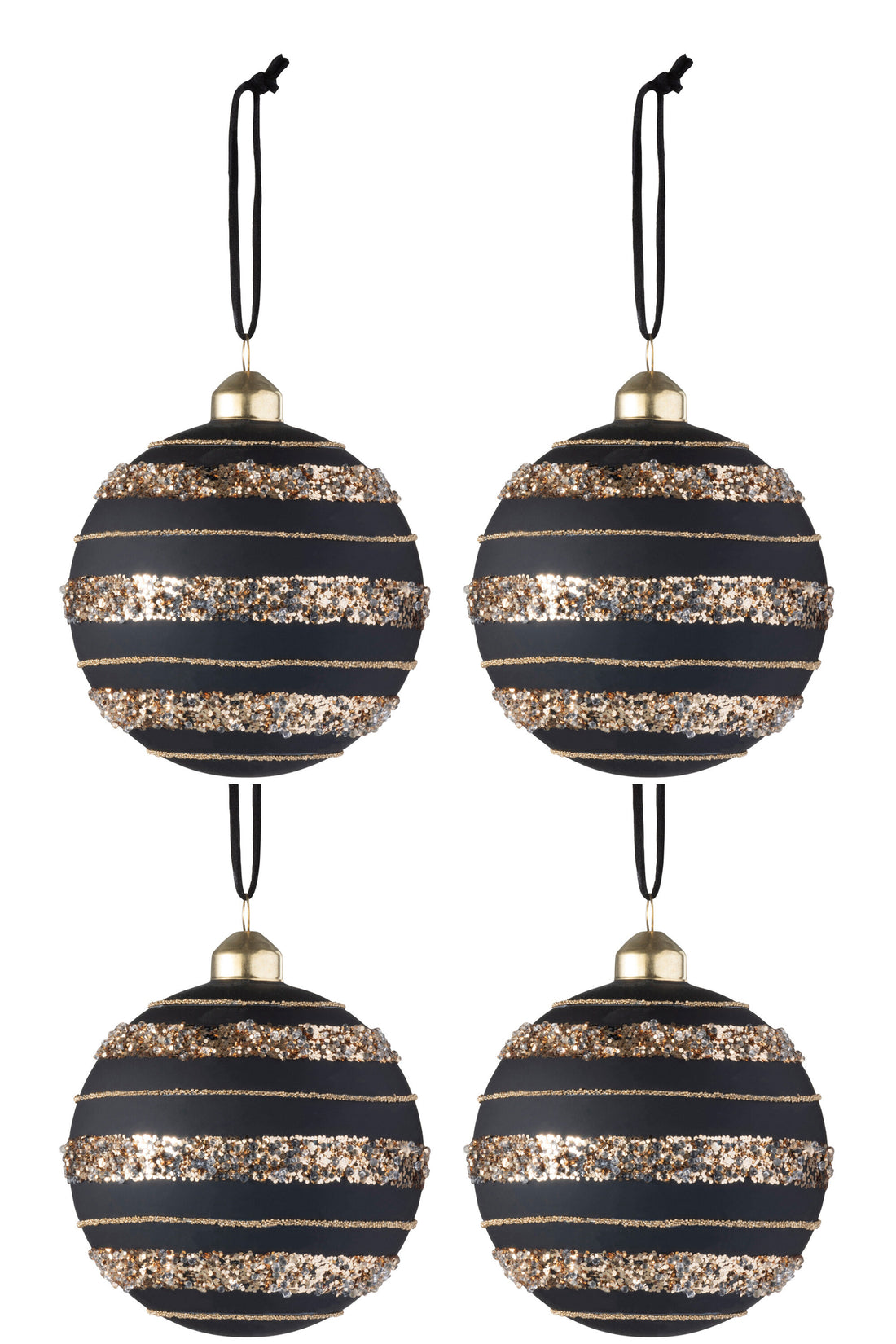 Doos Van 4 Kerstballen Pailletten Glas Mat Zwart/Goud Medium J-Line