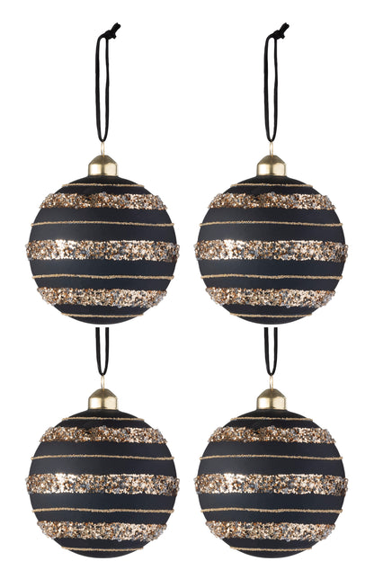 Doos Van 4 Kerstballen Pailletten Glas Mat Zwart/Goud Medium J-Line