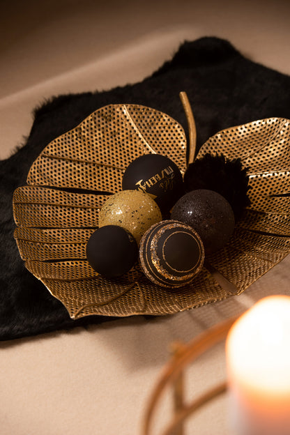 Doos Van 4 Kerstballen Pailletten Glas Mat Zwart/Goud Medium J-Line