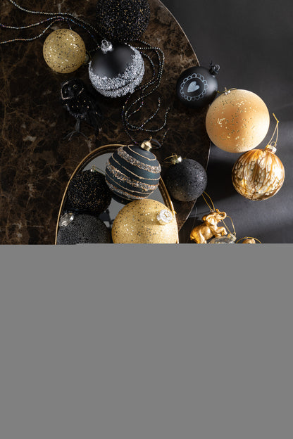 Doos Van 4 Kerstballen Pailletten Glas Mat Zwart/Goud Medium J-Line