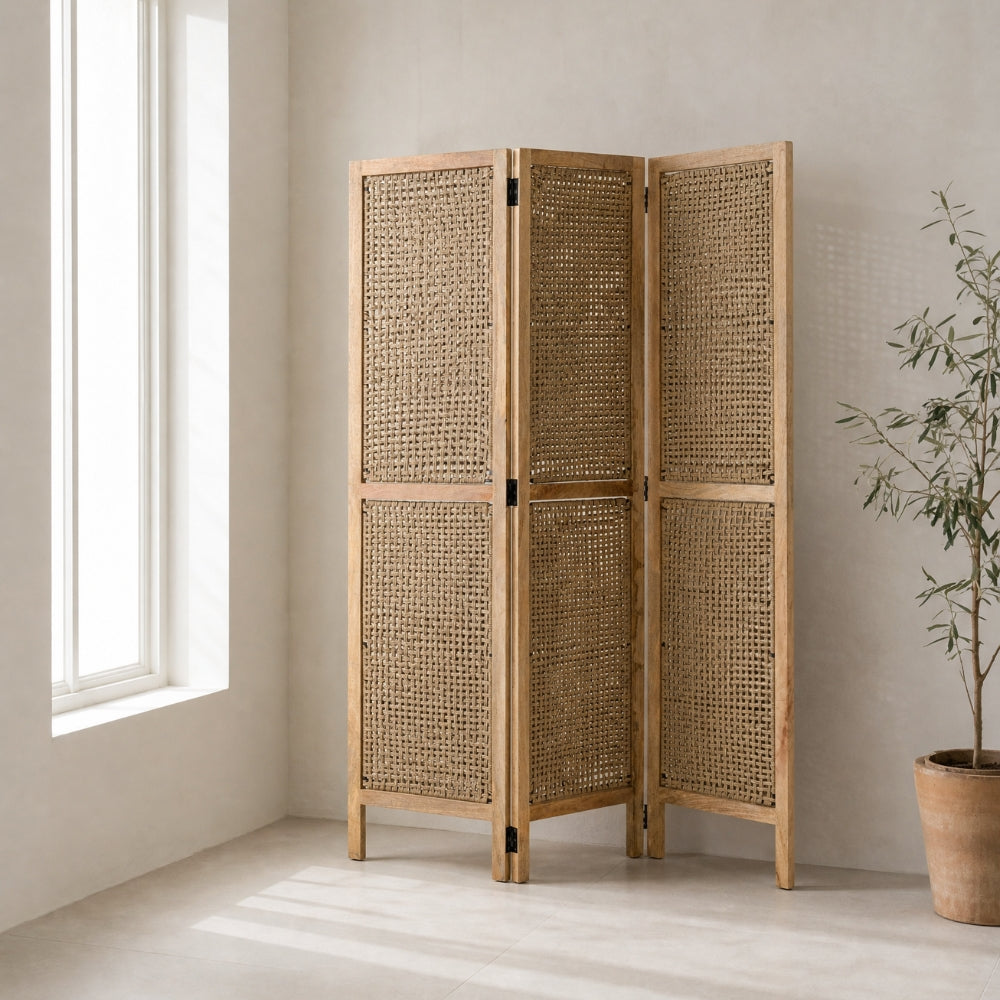Kamerscherm Met Rieten Panelen Mangohout Naturel J-Line