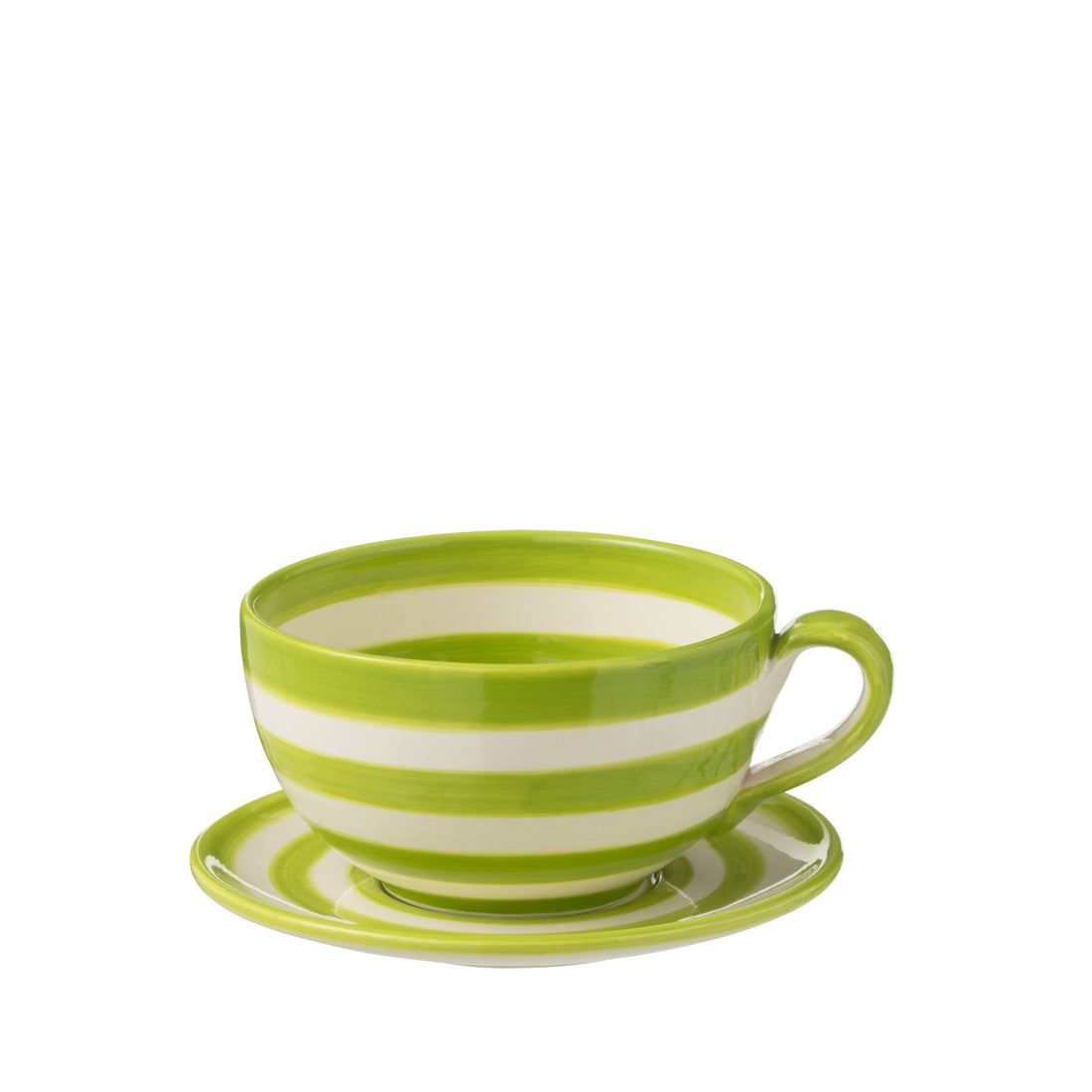 Koffiekop met Schaaltje Granada Strepen Groen/Wit Keramiek J-Line