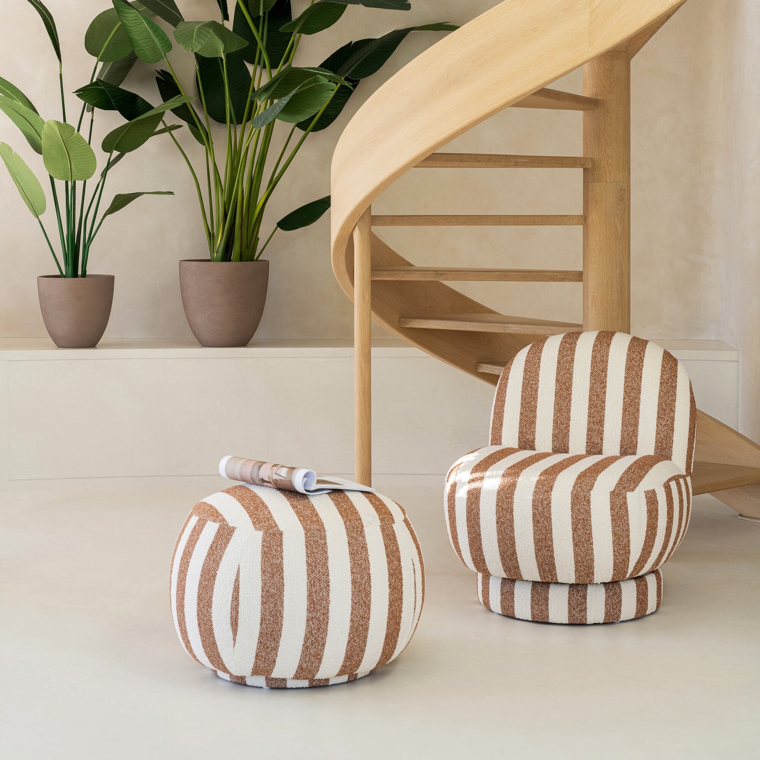 Lounge Chair Gestreepte Stof Camel/Gebroken Wit J-Line