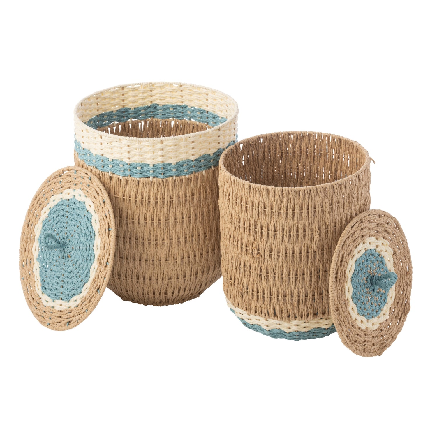 Set Van 2 Mand Met Deksel Gestreept Papier Naturel/Lichtblauw J-Line