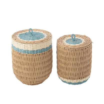 Set Van 2 Mand Met Deksel Gestreept Papier Naturel/Lichtblauw J-Line