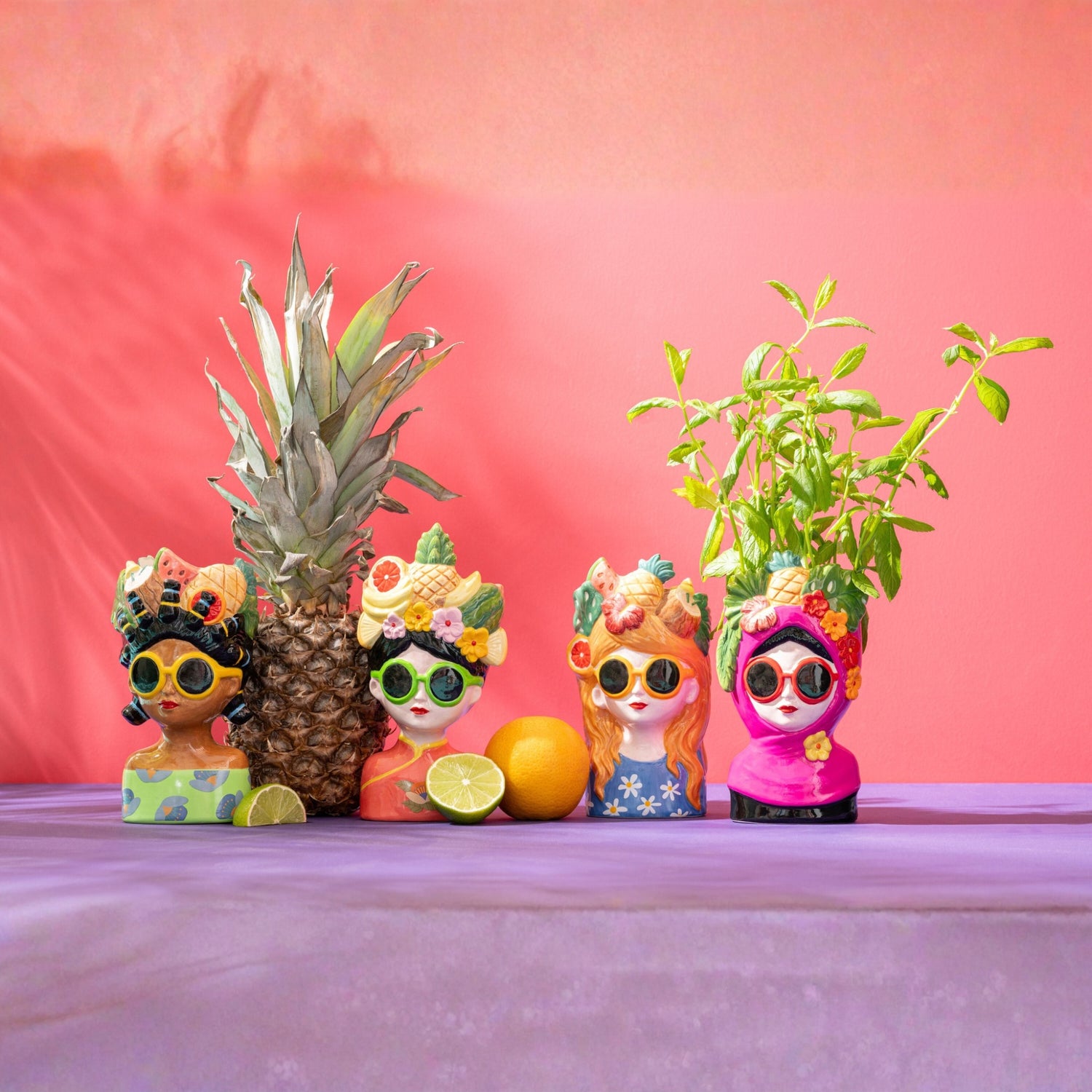 Bloempot Dame Fruit Keramiek Multi Assortiment Van 4 J-Line