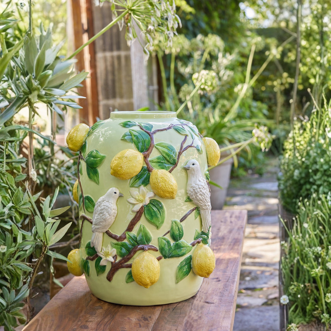 Vaas Vogel/Citroenen Keramiek Groen/Geel Large J-Line