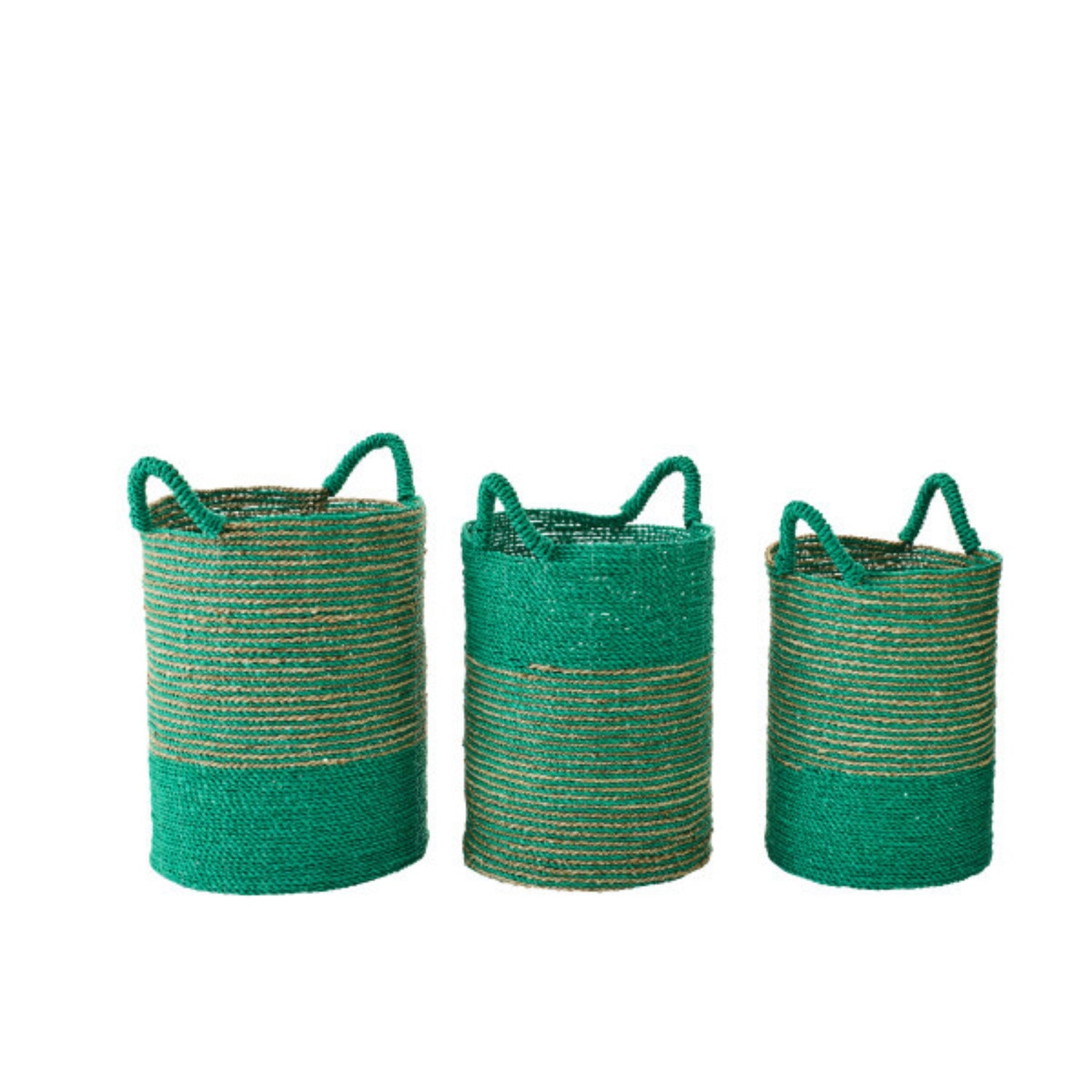 Set Van 3 Mand Gestreept Raffia Donkergroen/Naturel J-Line