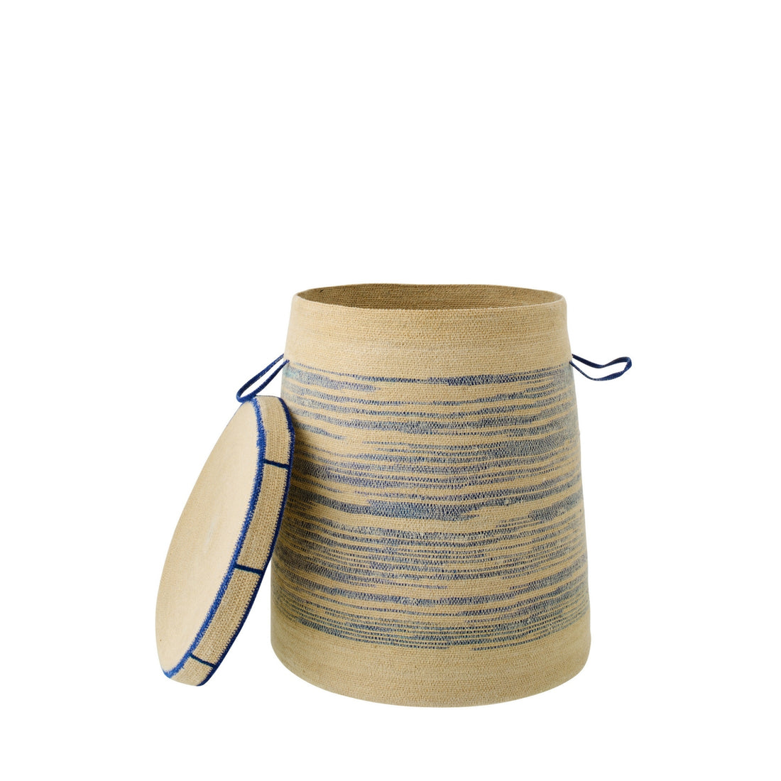 Mand Met Handvat + Deksel Gestreept Zeegras Naturel/Blauw J-Line