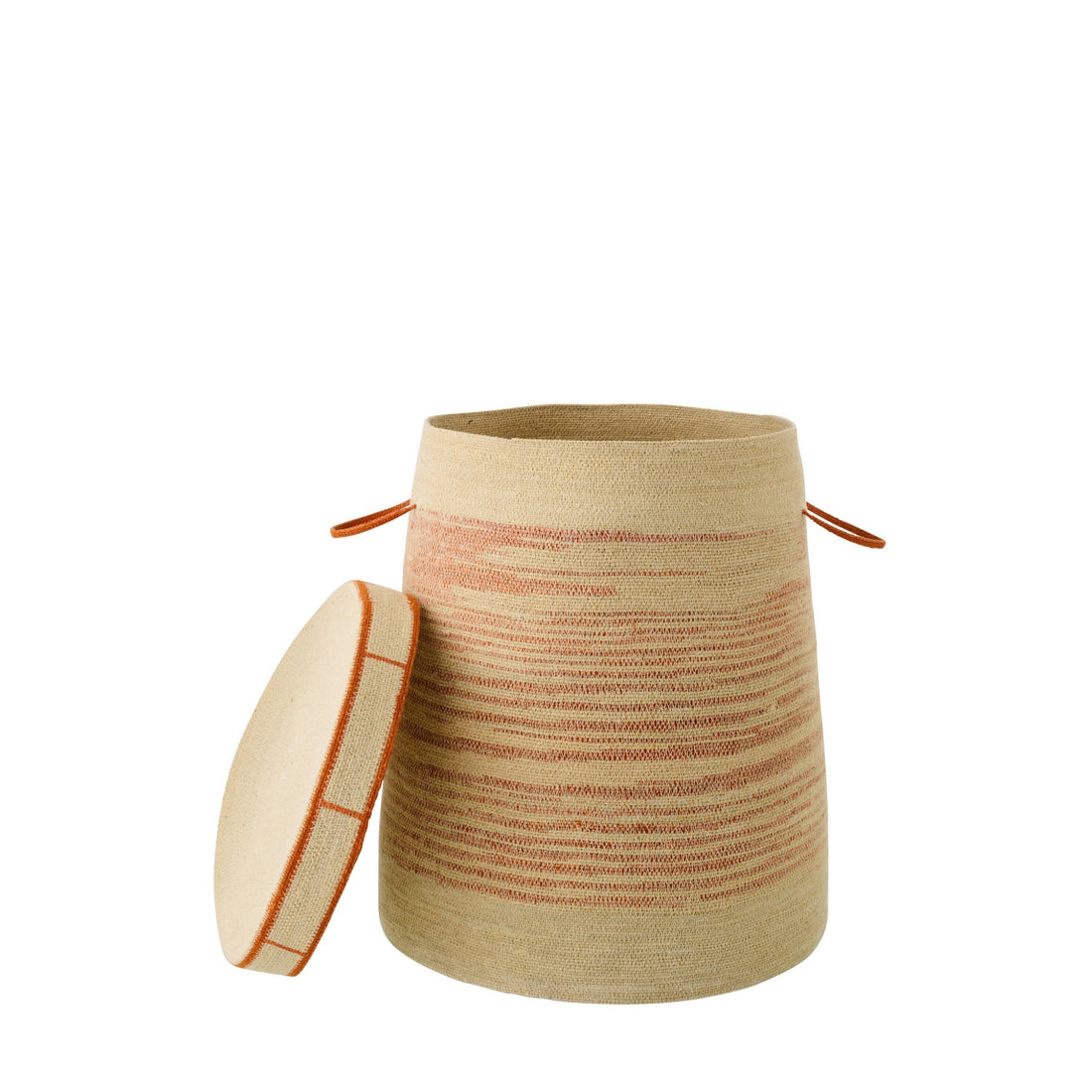 Mand Met Handvat + Deksel Gestreept Zeegras Naturel/Donkeroranje J-Line