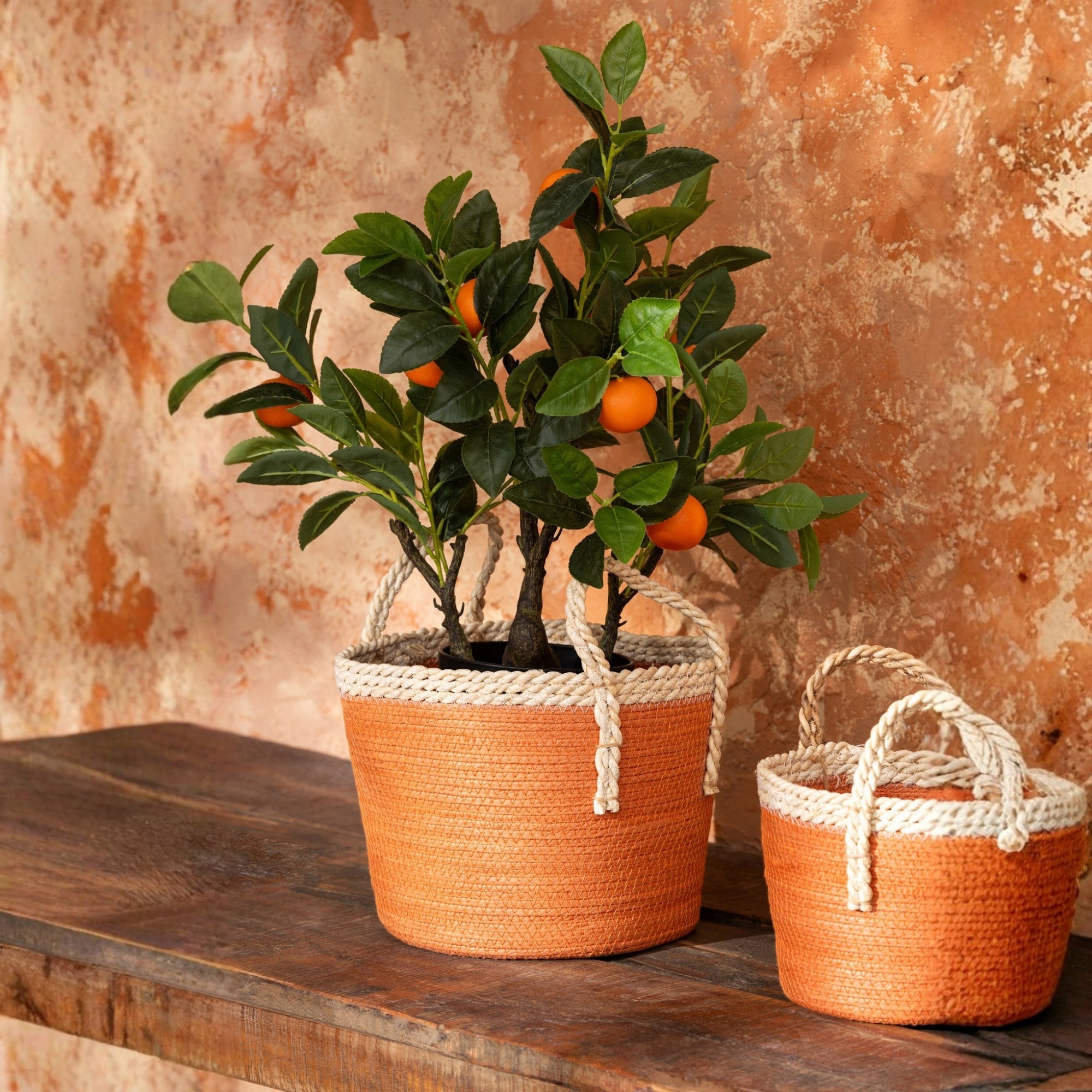 Set Van 3 Mand Met Handvatten Papier Donkeroranje/Naturel  J-Line