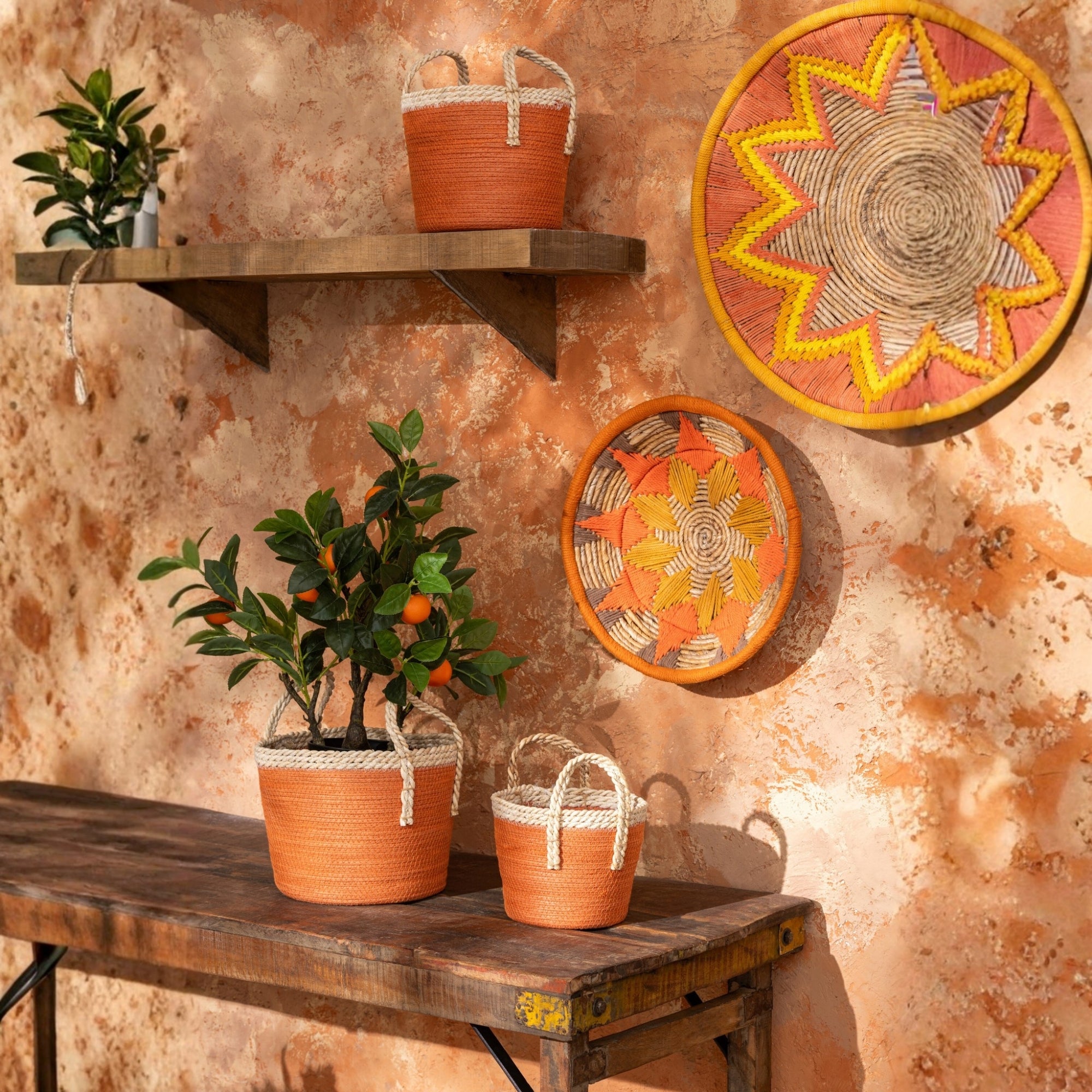 Set Van 3 Mand Met Handvatten Papier Donkeroranje/Naturel  J-Line