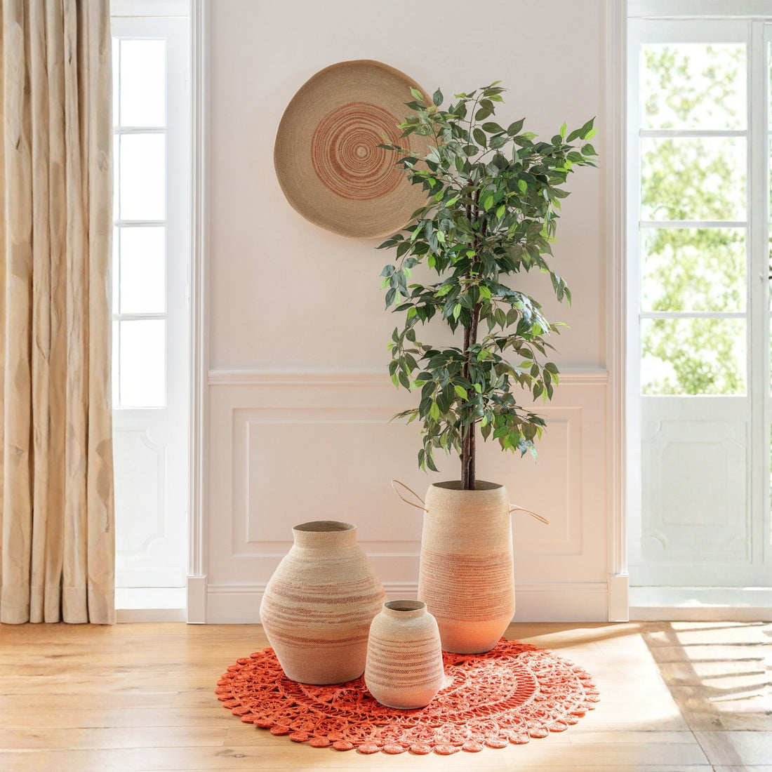 Mand Met Handvat Gestreept Zeegras Naturel/Donkeroranje J-Line