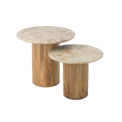 Bijzettafel Rond Marmer - Hout - Beige/Bruin - Set van 2 J-Line