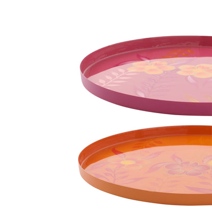 Decoratief Plateau Bloemen Metaal Roze/Oranje Assortiment Van 2 J-Line
