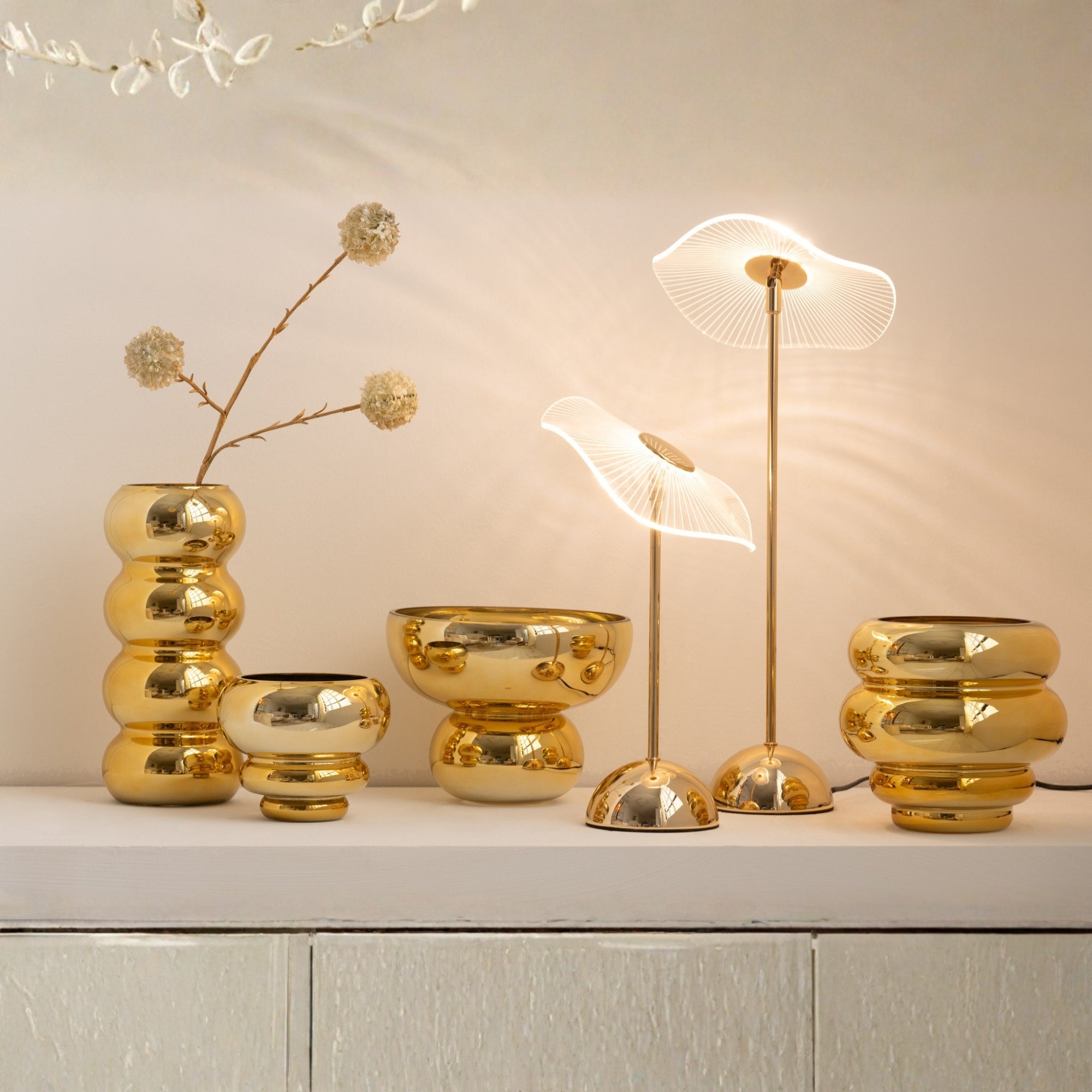 Windlicht Op Voet Afgerond Glas Goud J-Line