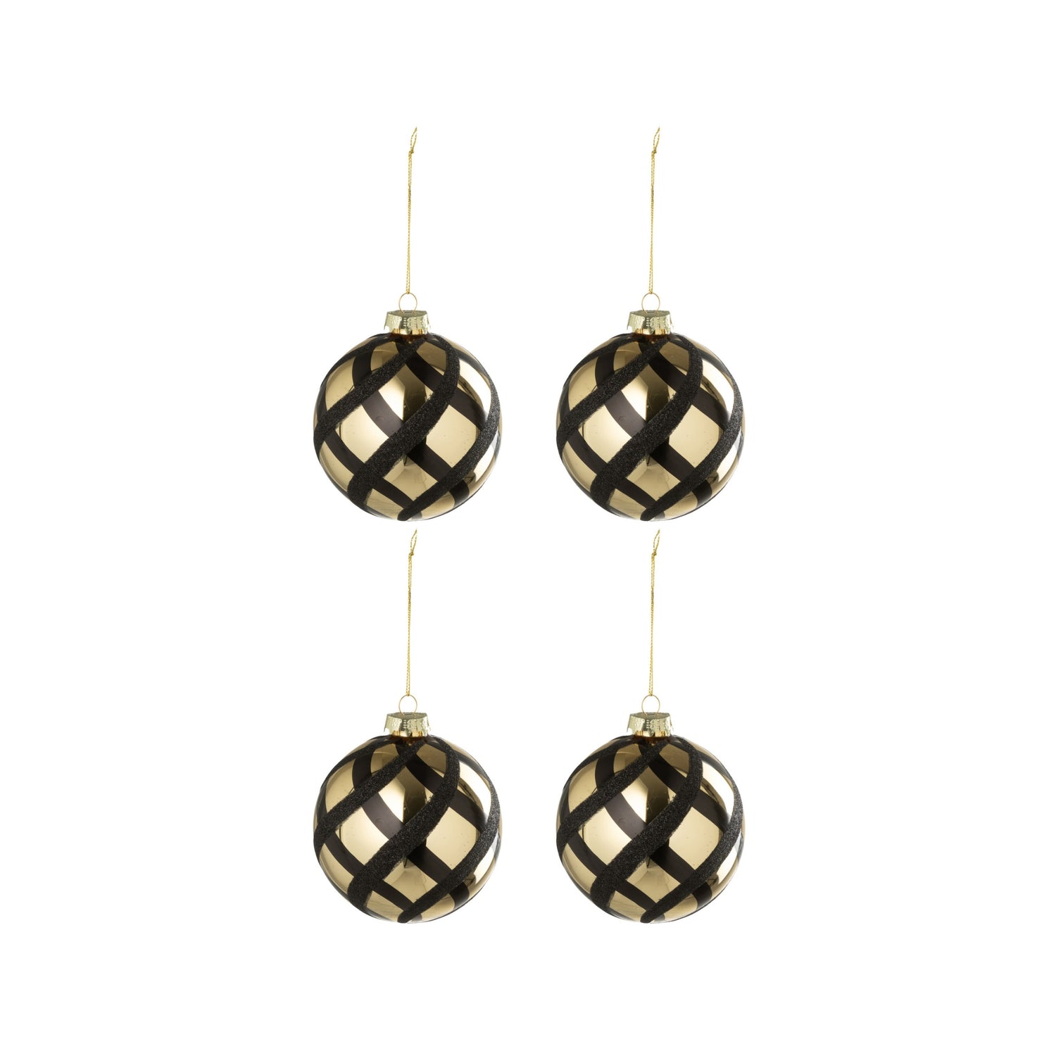 Doos Van 4 Kerstbal Geruit Glas Goudkleurig/Zwart J-Line