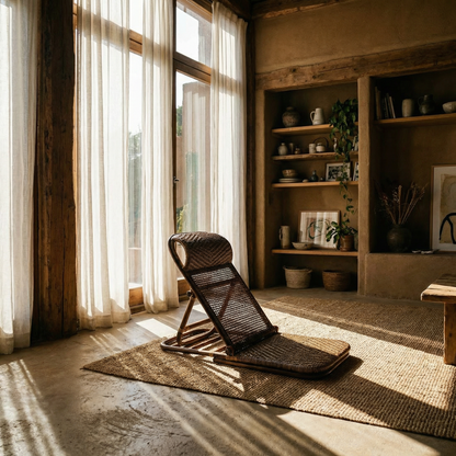 Rotan loungestoel vloer model in donker walnoot, handgemaakt rattan design van Bazar Bizar