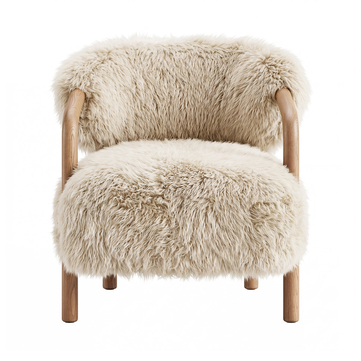Avelon Fauteuil Echte Schapenvacht Beige Essenhout van PTMD, beige fauteuil op poten van essenhout