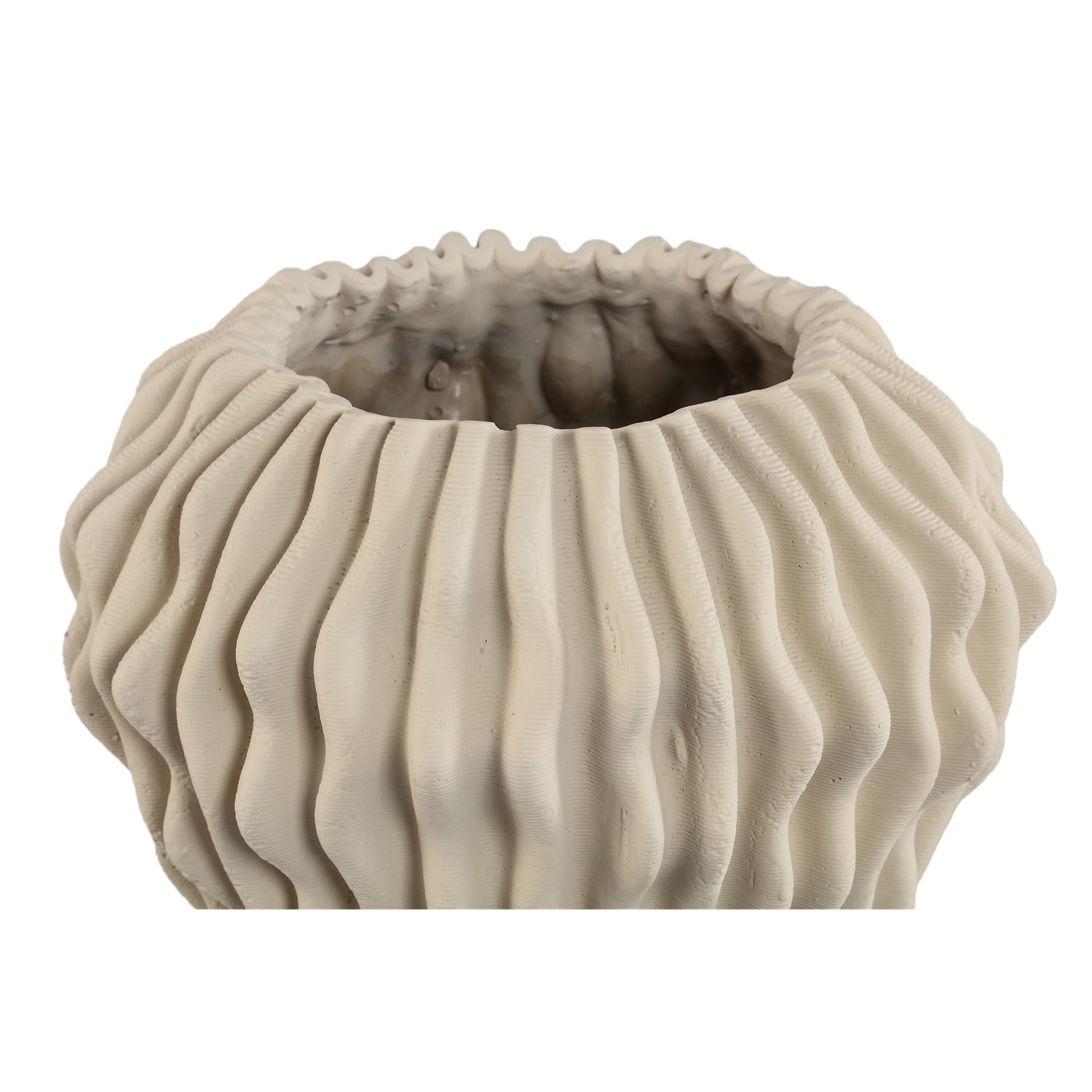 Barren Beige Cement Round Vase 3D Wavy Pattern L van PTMD, detail van het golvende 3D patroon