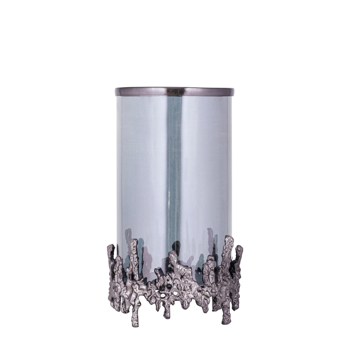 Barrie Gun Metal Alu Square Rough Plate Stormlight van PTMD, windlicht op ruwe aluminium plaat op witte achtergrond