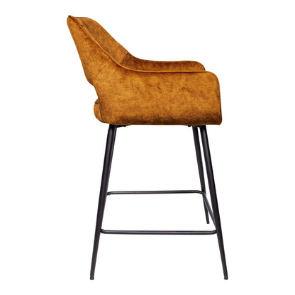 Fal Low barkruk van PTMD, zijaanzicht met slanke zwarte metalen poten en voetensteun