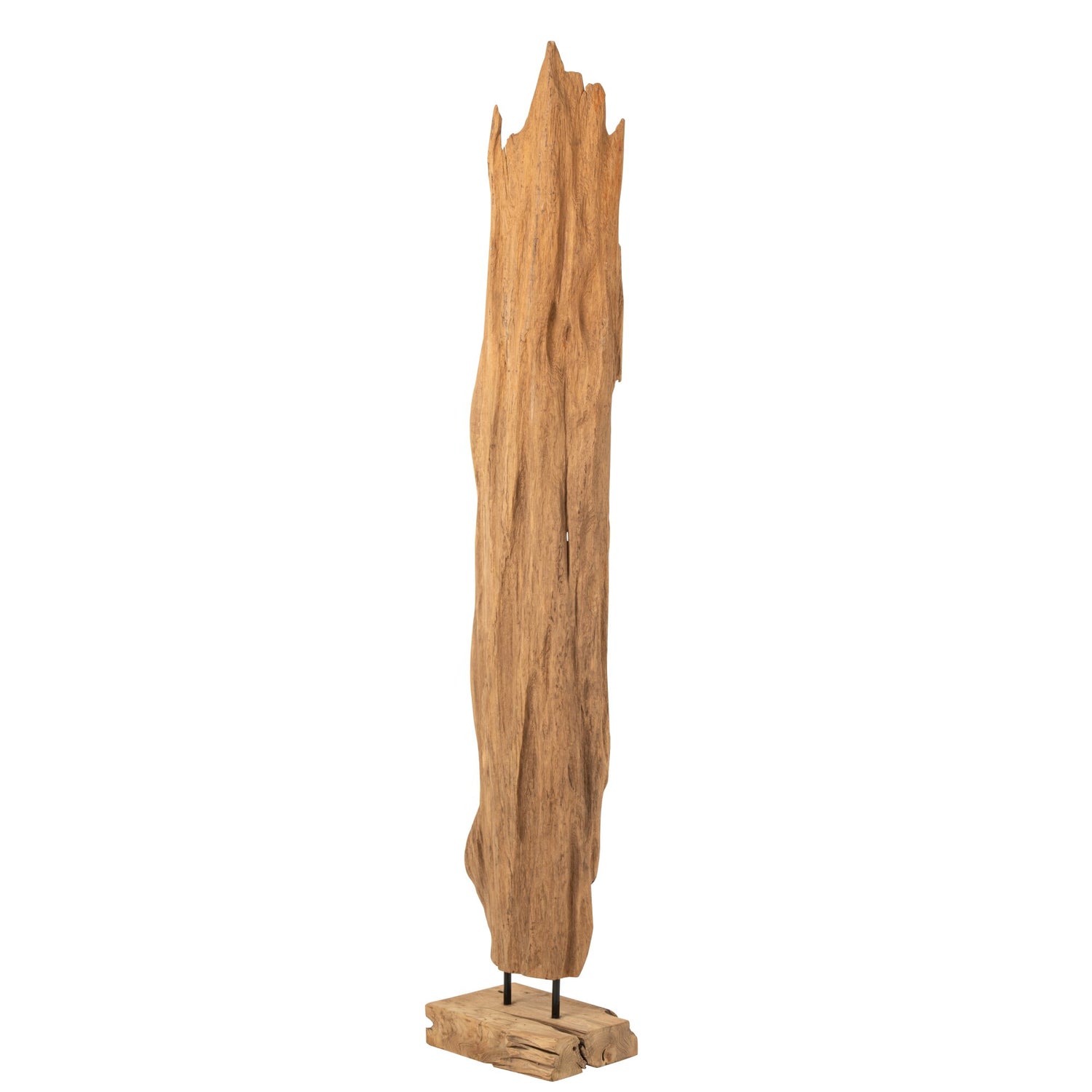 Beeld Abstract Mira van J-Line, teakhouten sculptuur met diepe groeven in warme naturel tint, zijaanzicht