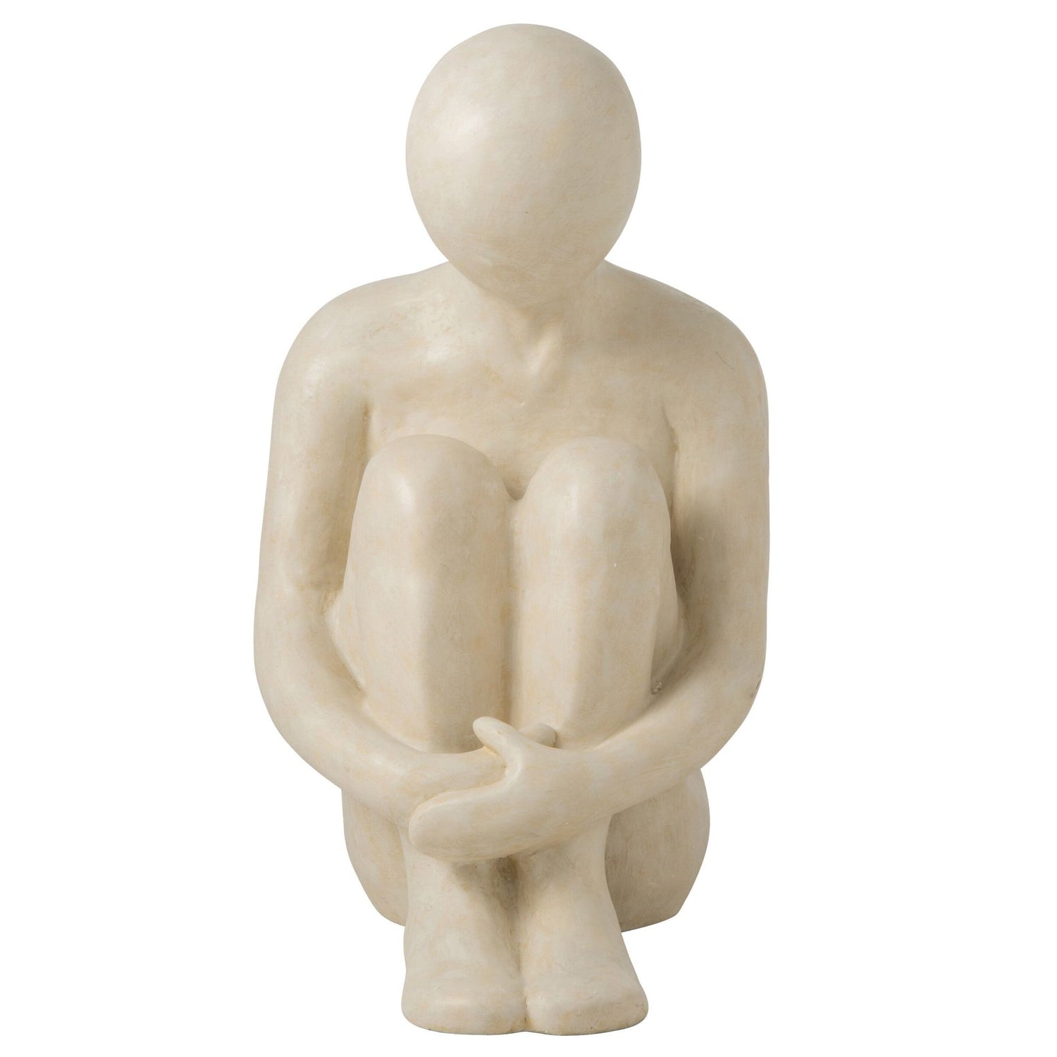 Beeld Abstracte Man Zittend van J-Line, grote zittende figuur in gebroken wit polyresin, 75cm hoog