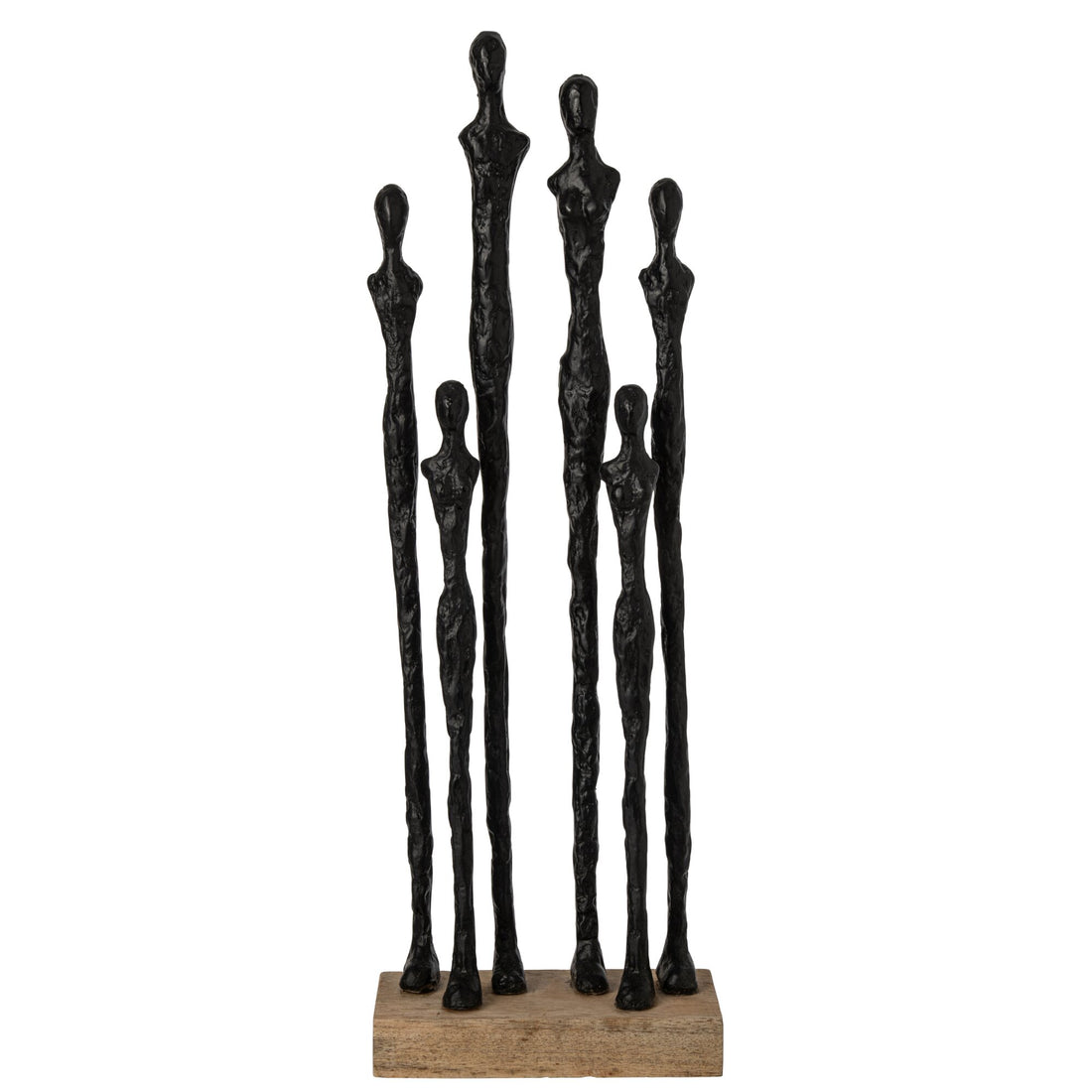 Beeld Mensen Op Sokkel van J-Line, gestileerde figuren in naturel en zwart op een houten voet