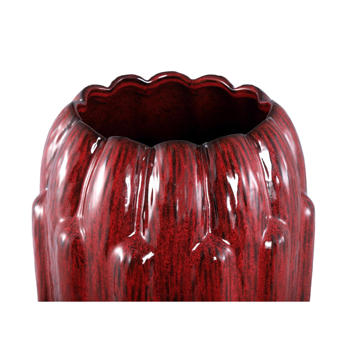 Bentz Bloempot Keramiek Rood Small van PTMD, close up van de grove ribbels in de rode keramiek