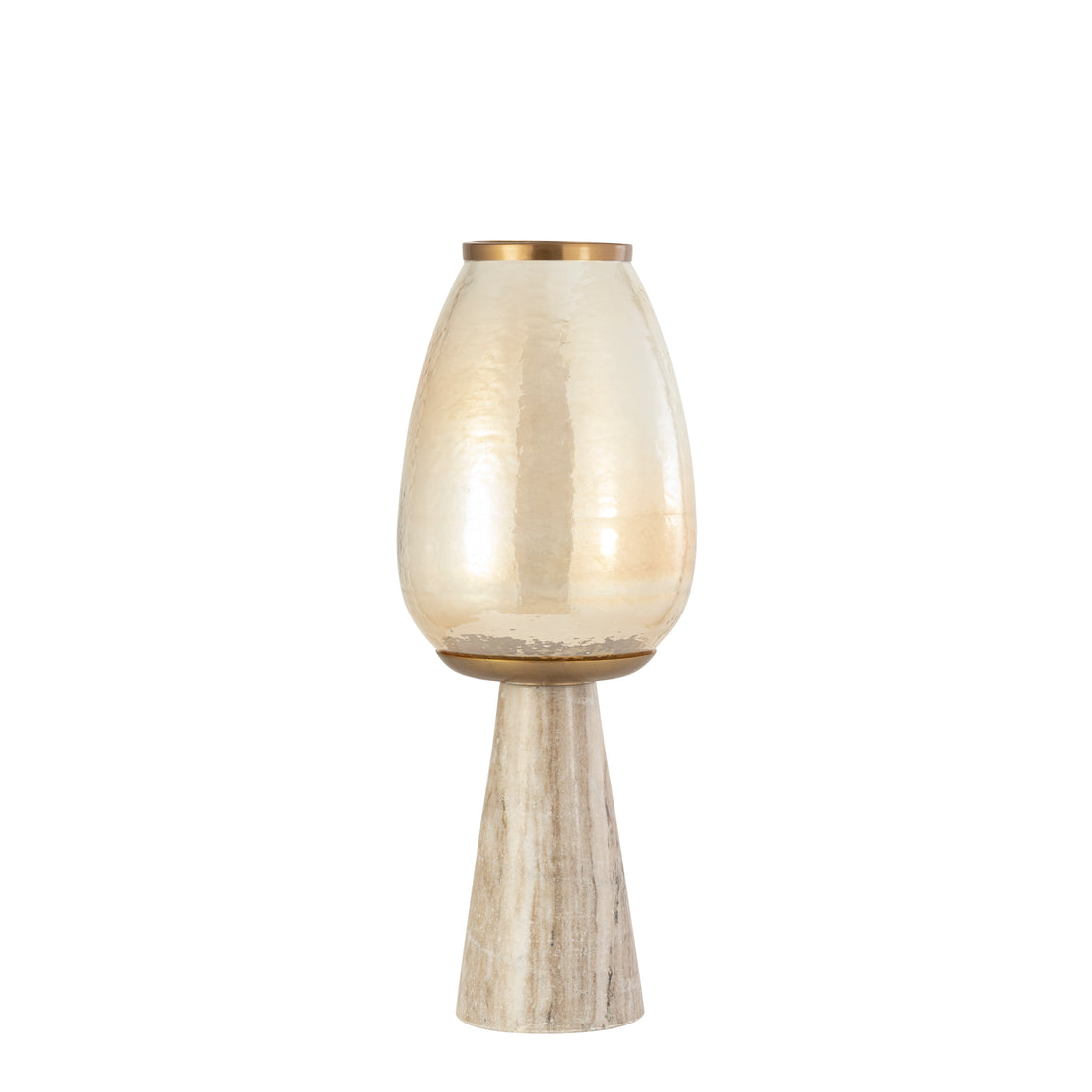 Berdand Windlicht op Voet Beige Small van PTMD, windlicht op voet met beige luster glas en marmeren voet