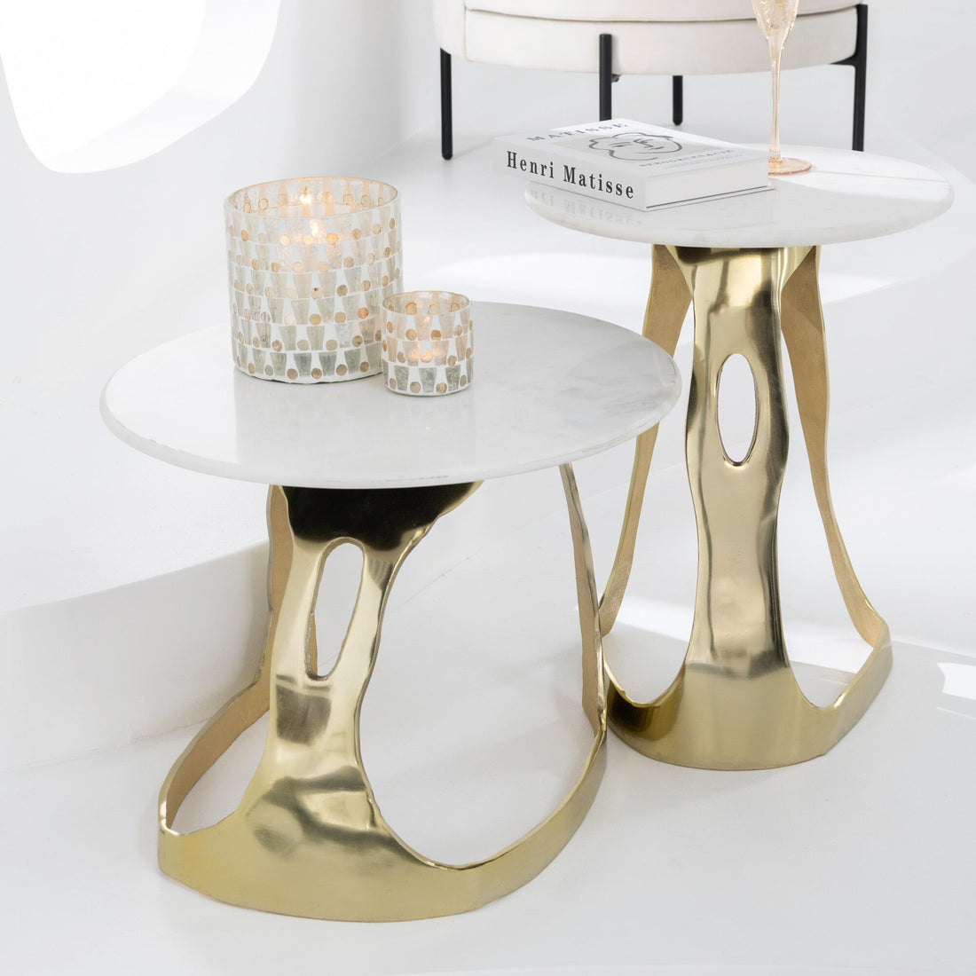 Bijzettafel Aluminium/Steen Goudkleurig/Wit Set van 2 J-Line - Bijzettafel - J-Line - livinglovely.nl