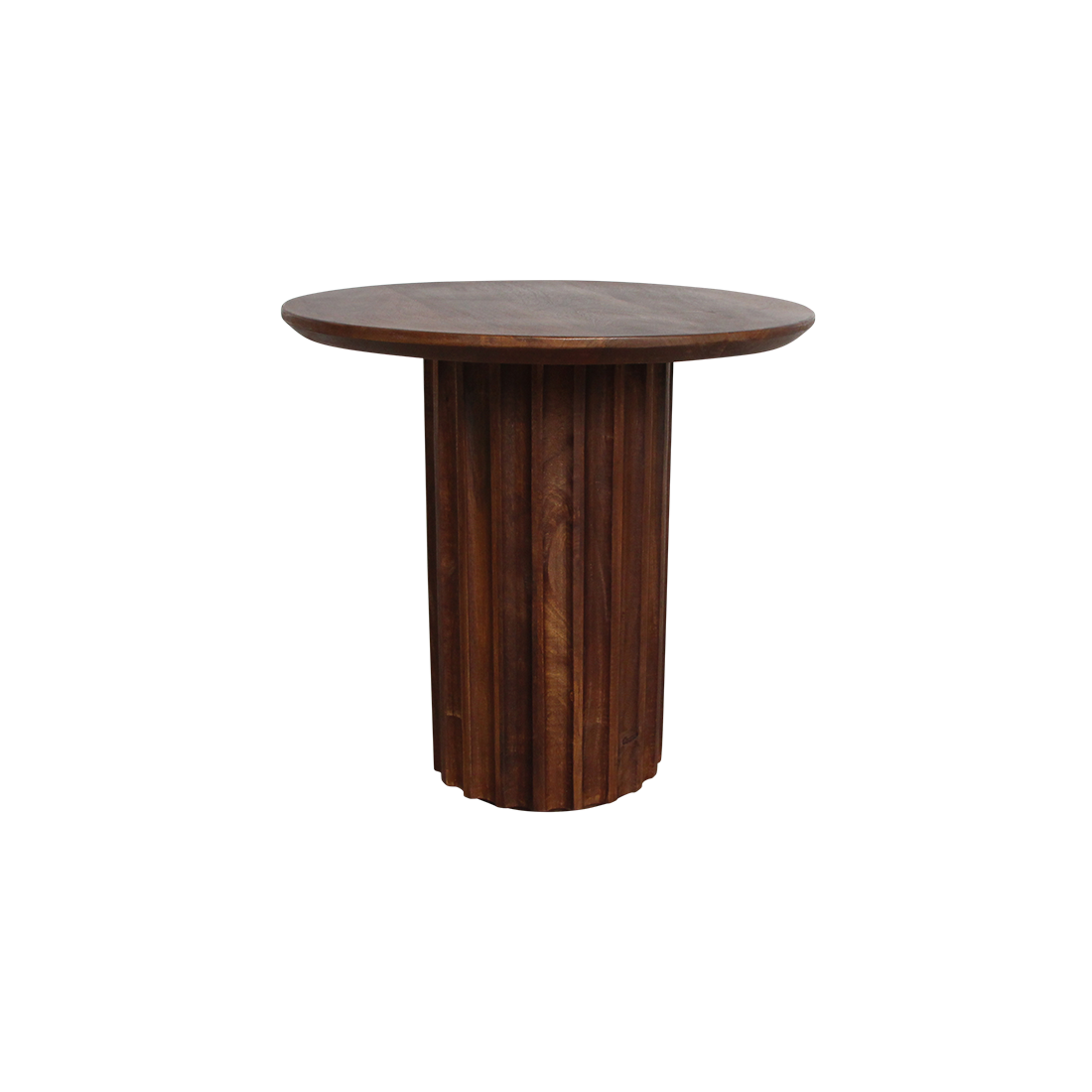 Bijzettafel Bullnose Reversed Fluted van Raw Materials, rond bruin mangohouten blad op geribbelde poot