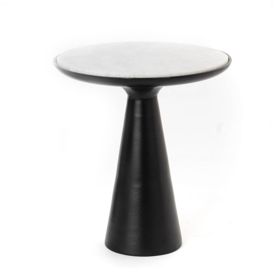 Wit marmeren bijzettafel Essy van Starfurn met zwarte metalen poot, Ø45cm x H50cm