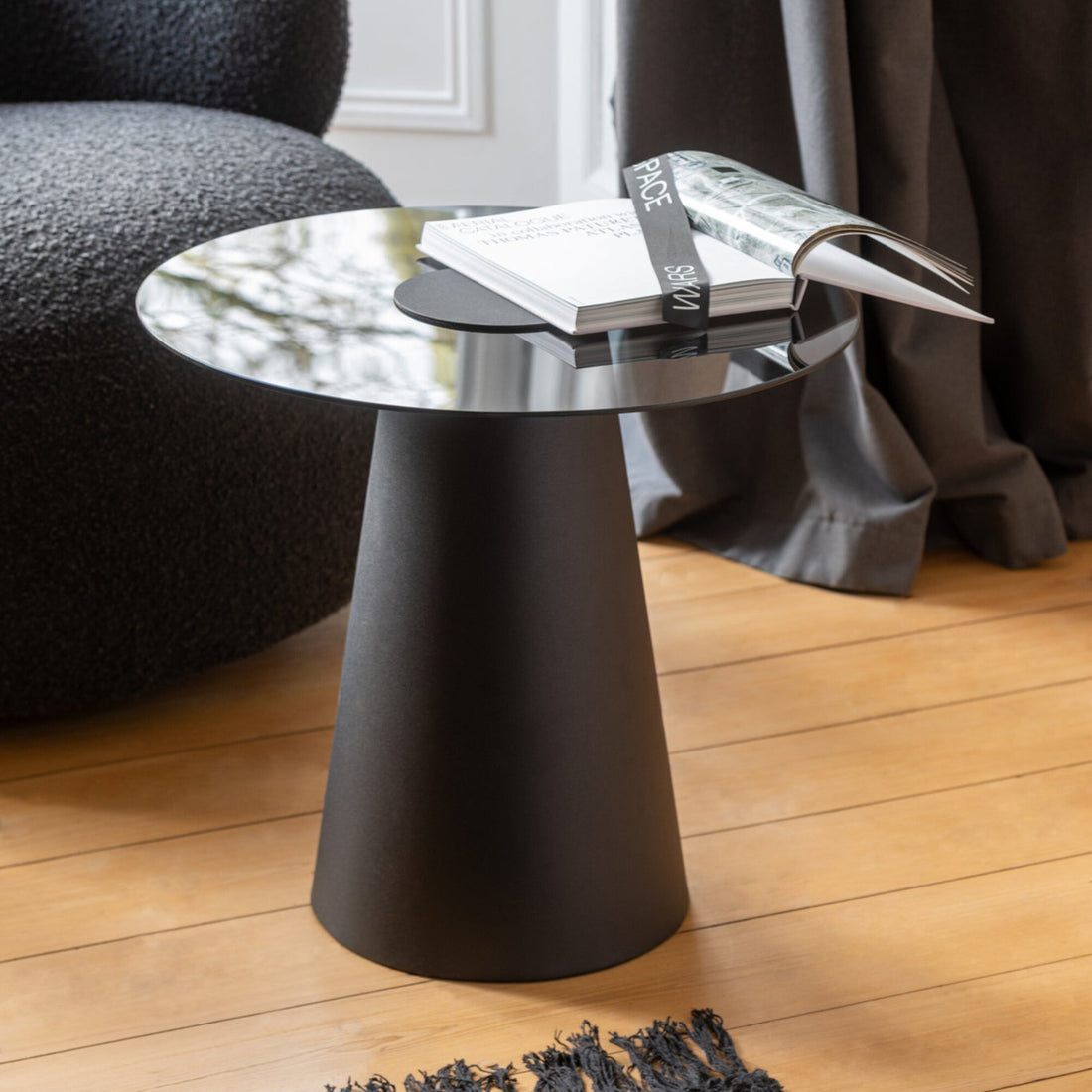 Bijzettafel Glas Flat Cap Kegel Metaal Zwart J-Line