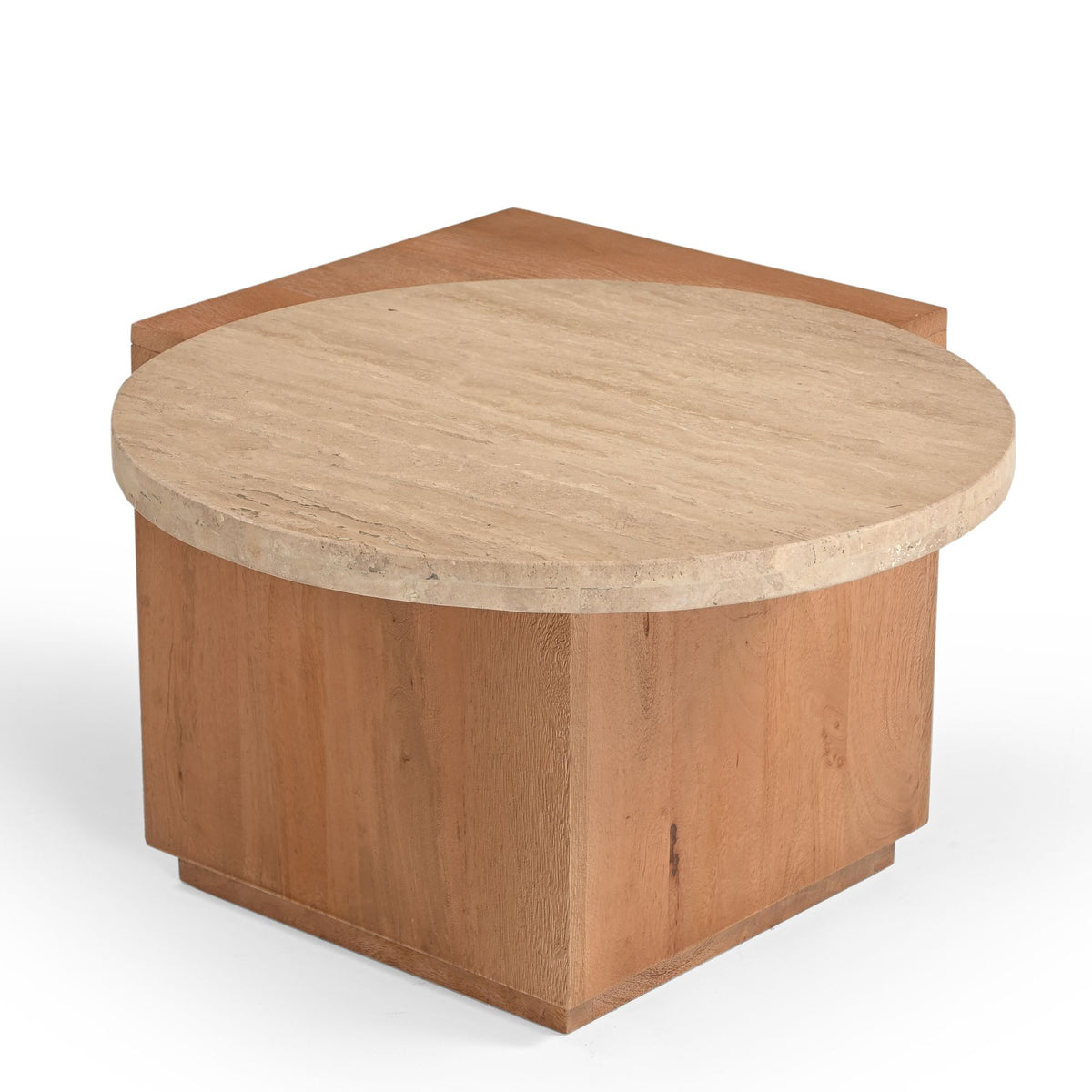 Mangohouten onderstel van bijzettafel Numa naturel travertin in close-up