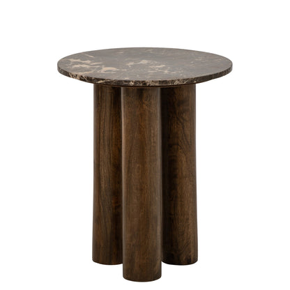 Ronde bijzettafel van J-Line met bruin marmeren blad op ronde poten van mangohout