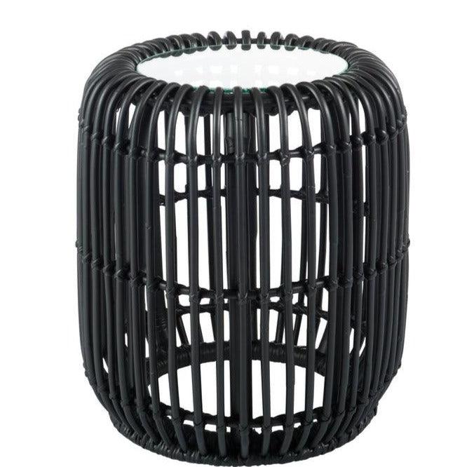 Bijzettafel Rond Rotan/Glas Mat Zwart - Bijzettafel - J-Line - livinglovely.nl