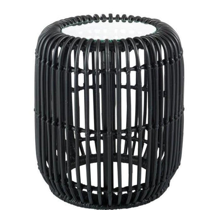 Bijzettafel Rond Rotan/Glas Mat Zwart - Bijzettafel - J-Line - livinglovely.nl