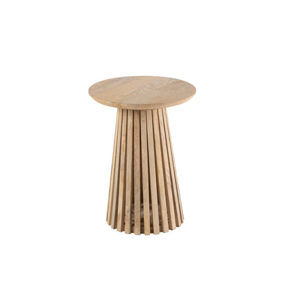 Bijzettafel Vincent Mangohout Naturel Small van J-Line, ronde lichte houten tafel met lattenvoet op witte achtergrond