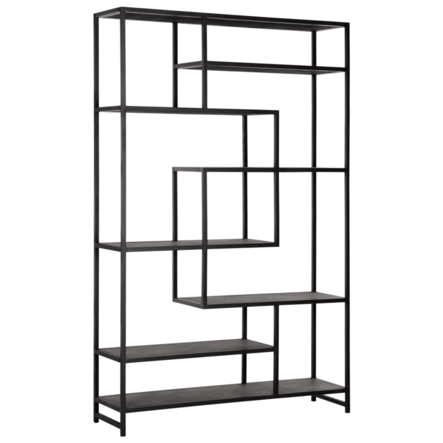 Boekenkast Harmony van MUST Living, open vakkenkast met zwart metalen frame en planken van gerecycled leer