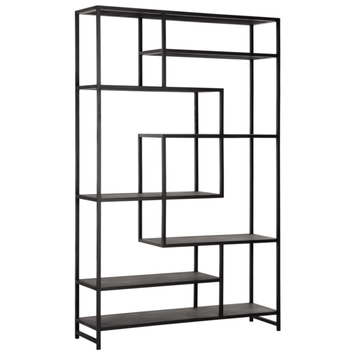 Boekenkast Harmony van MUST Living, open vakkenkast met zwart metalen frame en planken van gerecycled leer