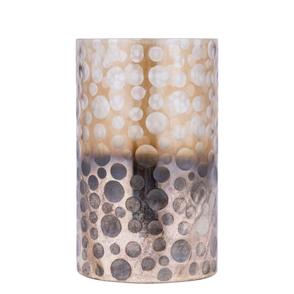 Bridgid Windlicht Bruin Ombre Large van PTMD, rond glas met gouden en grijze stippen op witte achtergrond