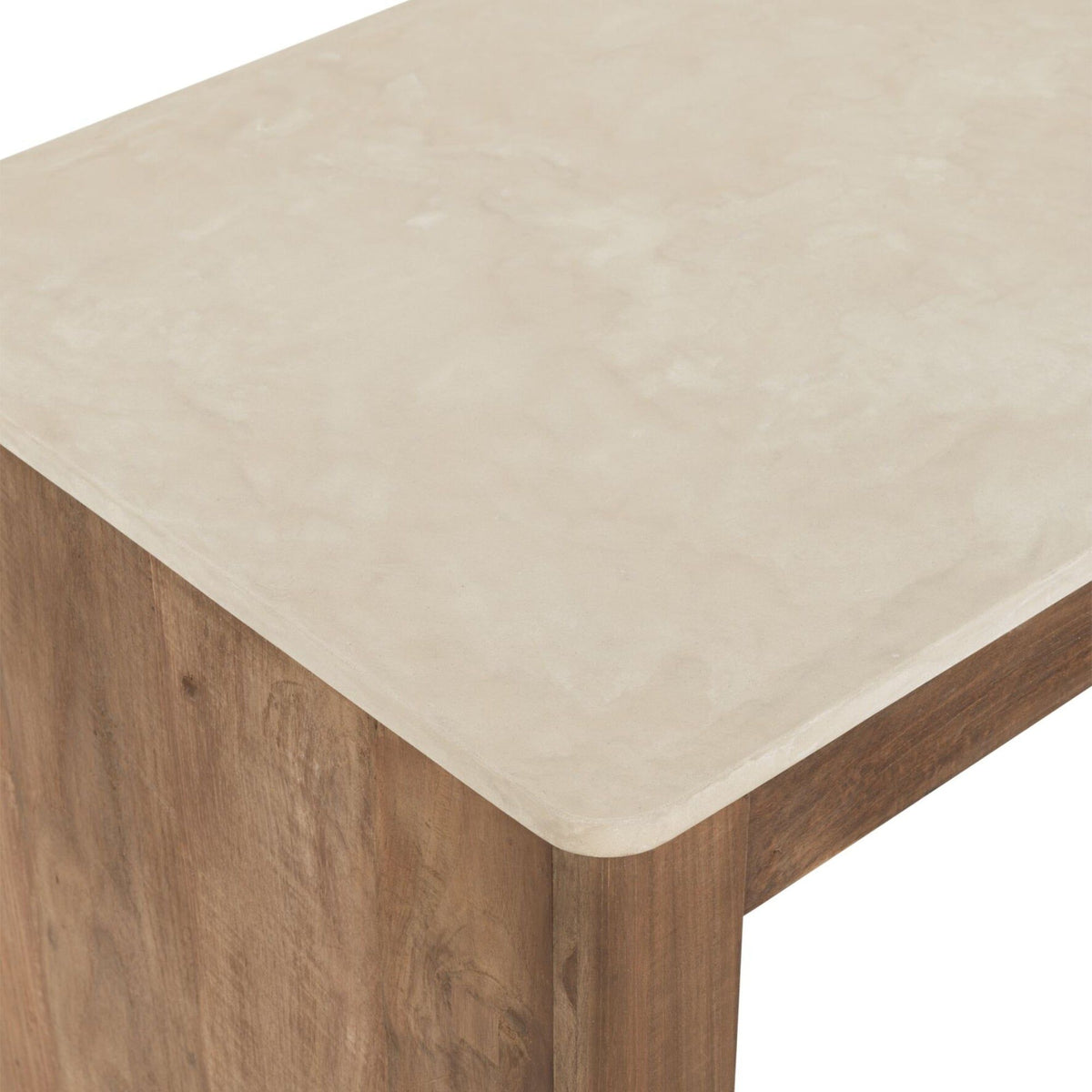 Bureau Bliss Mortex van DTP Home schuin van voren, met zicht op het teakhouten frame