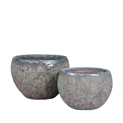 Caedyn Green Round Ceramic Pot Rough Finish L Set van 2 PTMD - Pot - PTMD - livinglovely.nl