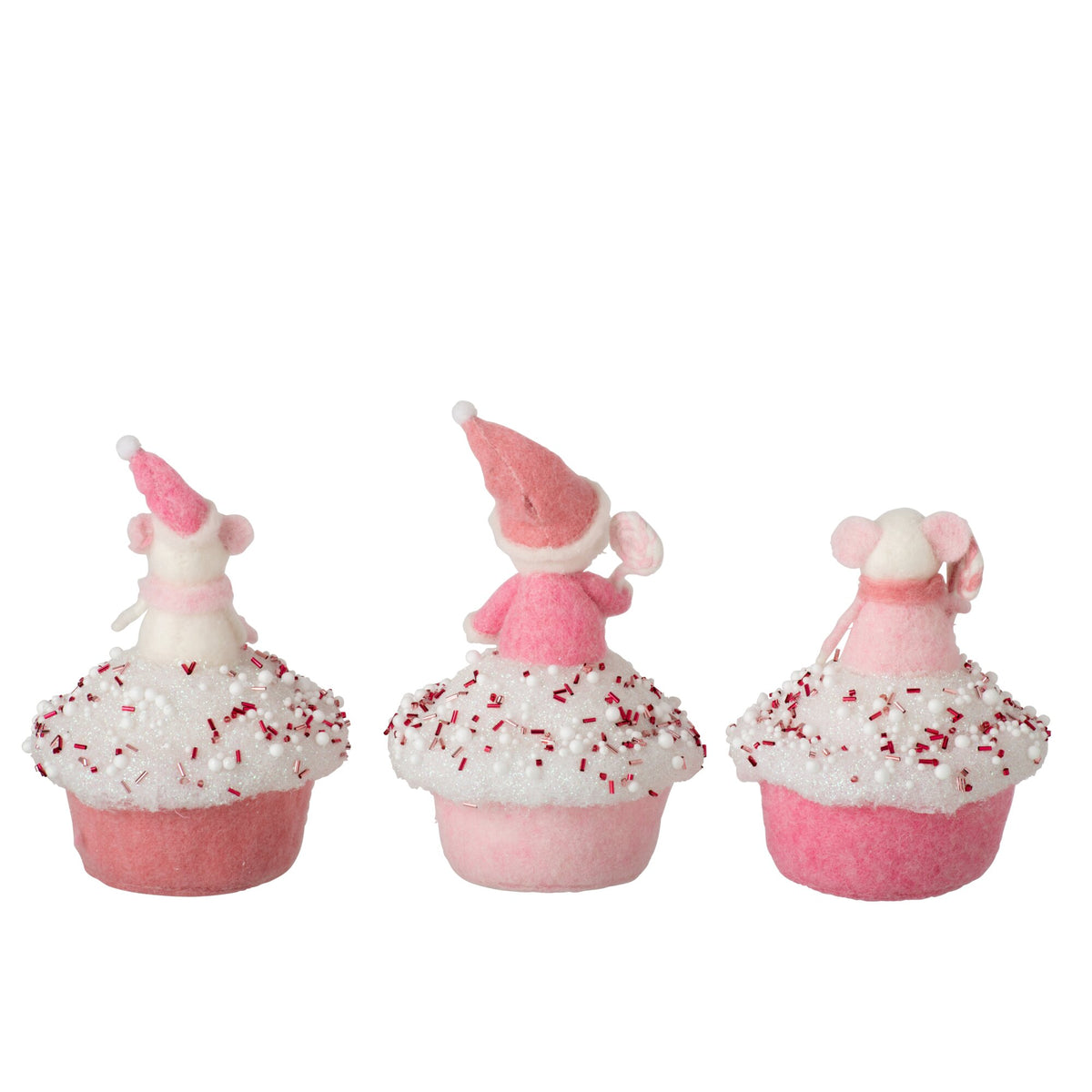 Wollen kerstcupcakes van J-Line van dichtbij met zichtbare gevilte structuur