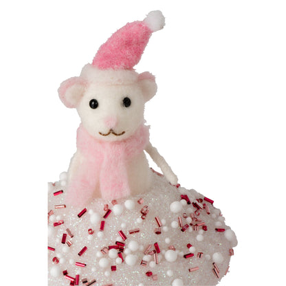 Wollen muisfiguurtje met rode kerstmuts van J-Line uit de roze kerstserie
