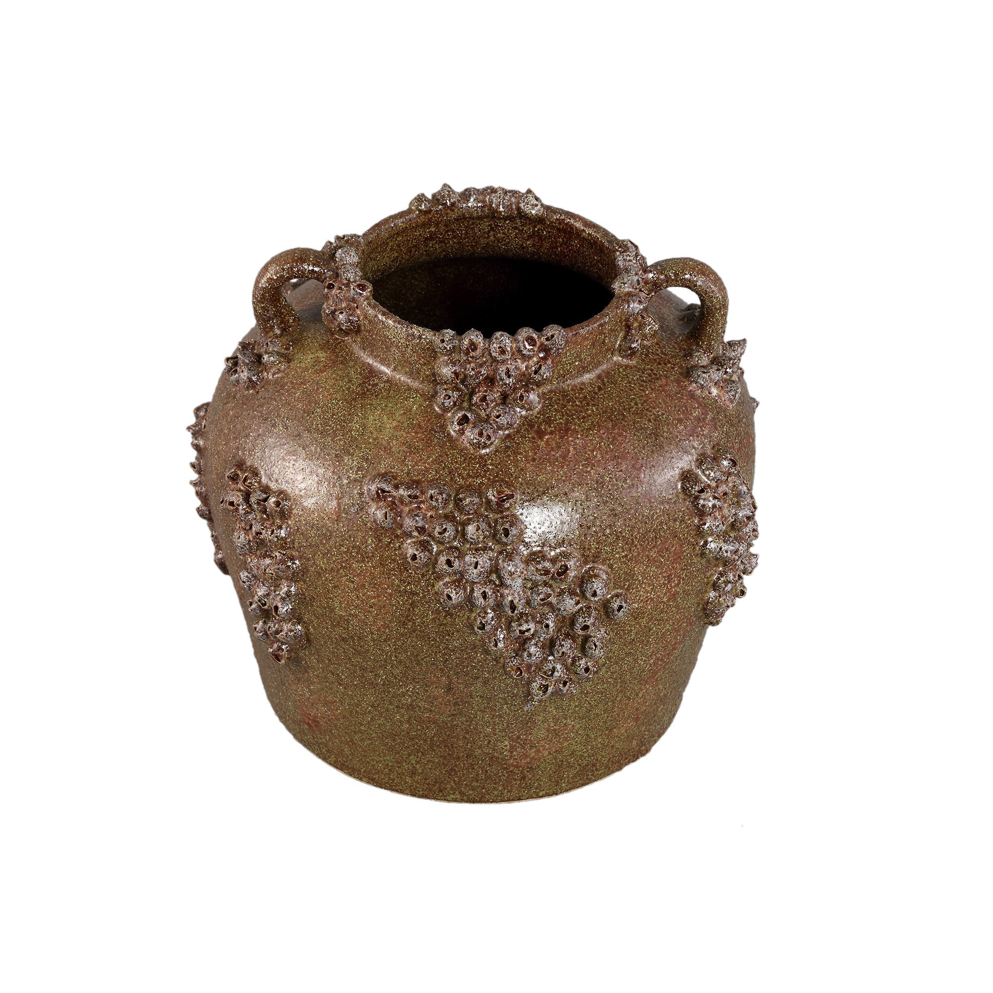 Deisy Green Ceramic Jar With Handles Rough Coral S van PTMD, zijaanzicht van de pot op witte achtergrond