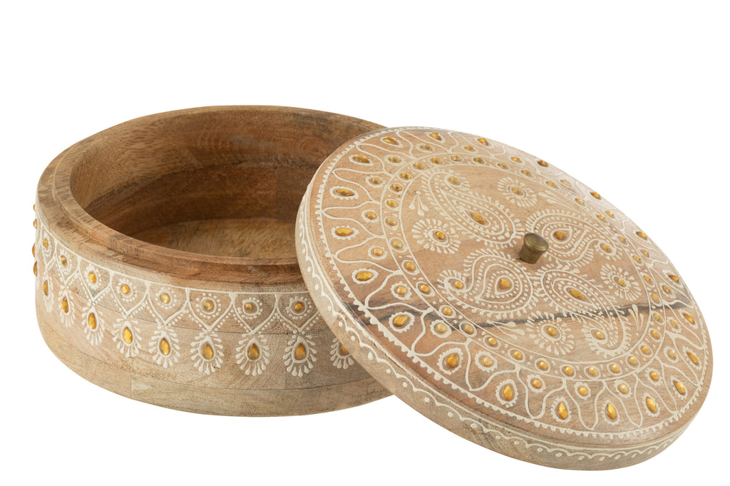 Doos + Deksel Rond Mango Hout Naturel/Wit Large - Decoratie - J-Line - livinglovely.nl